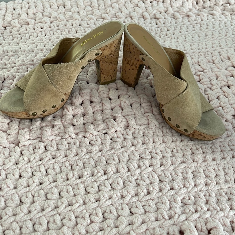 Tan suede cork heels